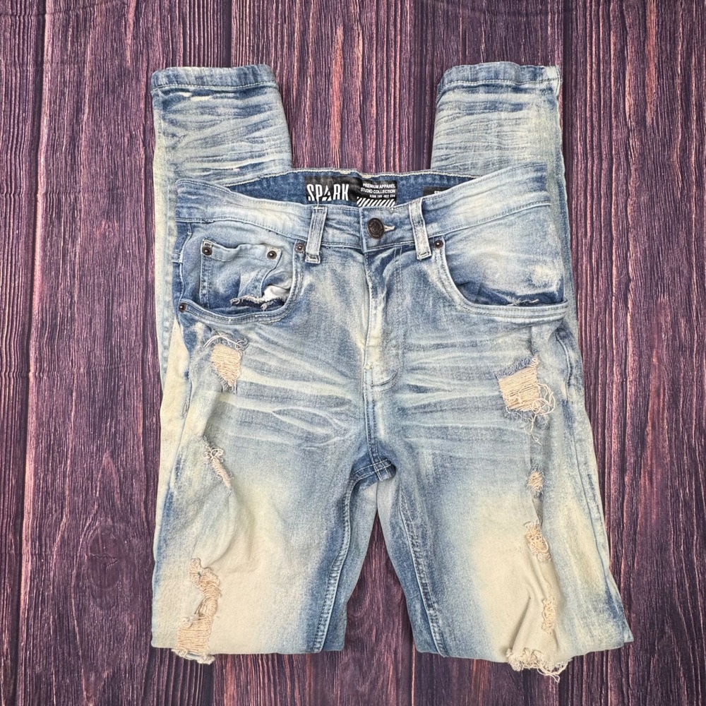 Spark Distressed Slim Jeans 30x32 Cotton Stretch Streetwear Light Wash Denim